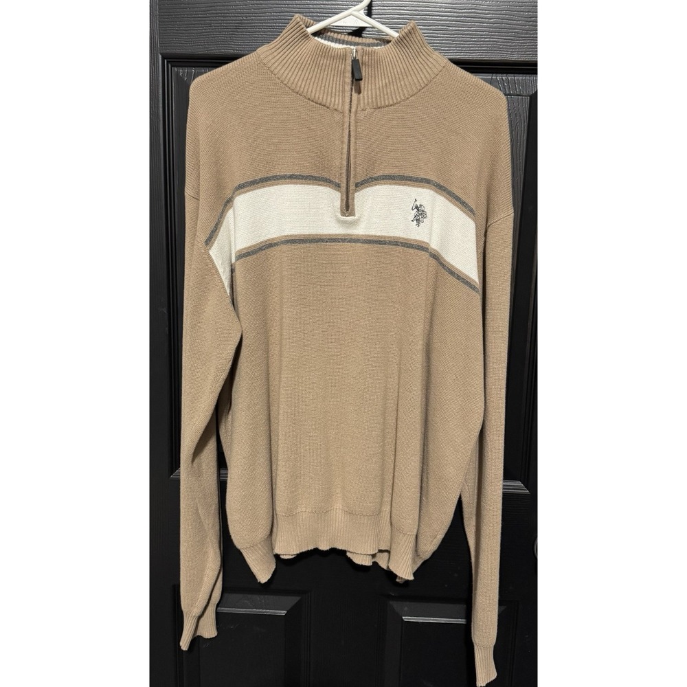 U.S. POLO Association Mens XLarge 1/4 Zip Long Sleeve Brown/Black/ White Sweater